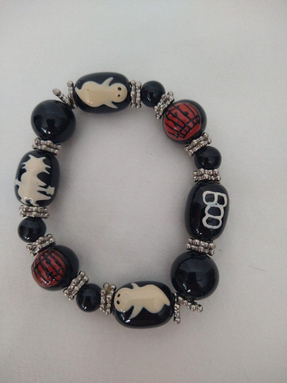 Halloween Black Lampwork Glass Beaded Stretch Bracelet Pumpkin Witch Ghost Boo